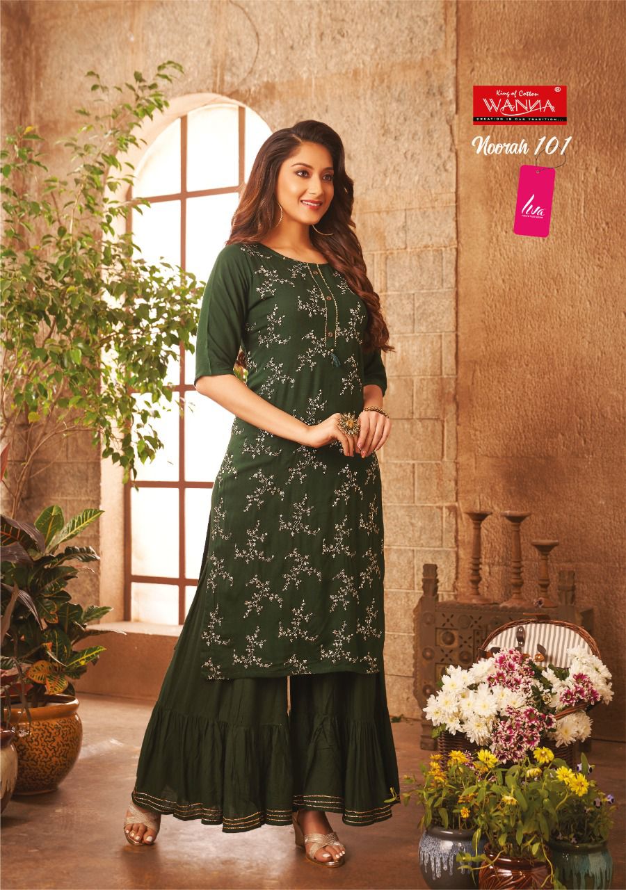 Wanna Noorah Fancy Festive Wear Rayon Latest Kurti With Sharara Collection